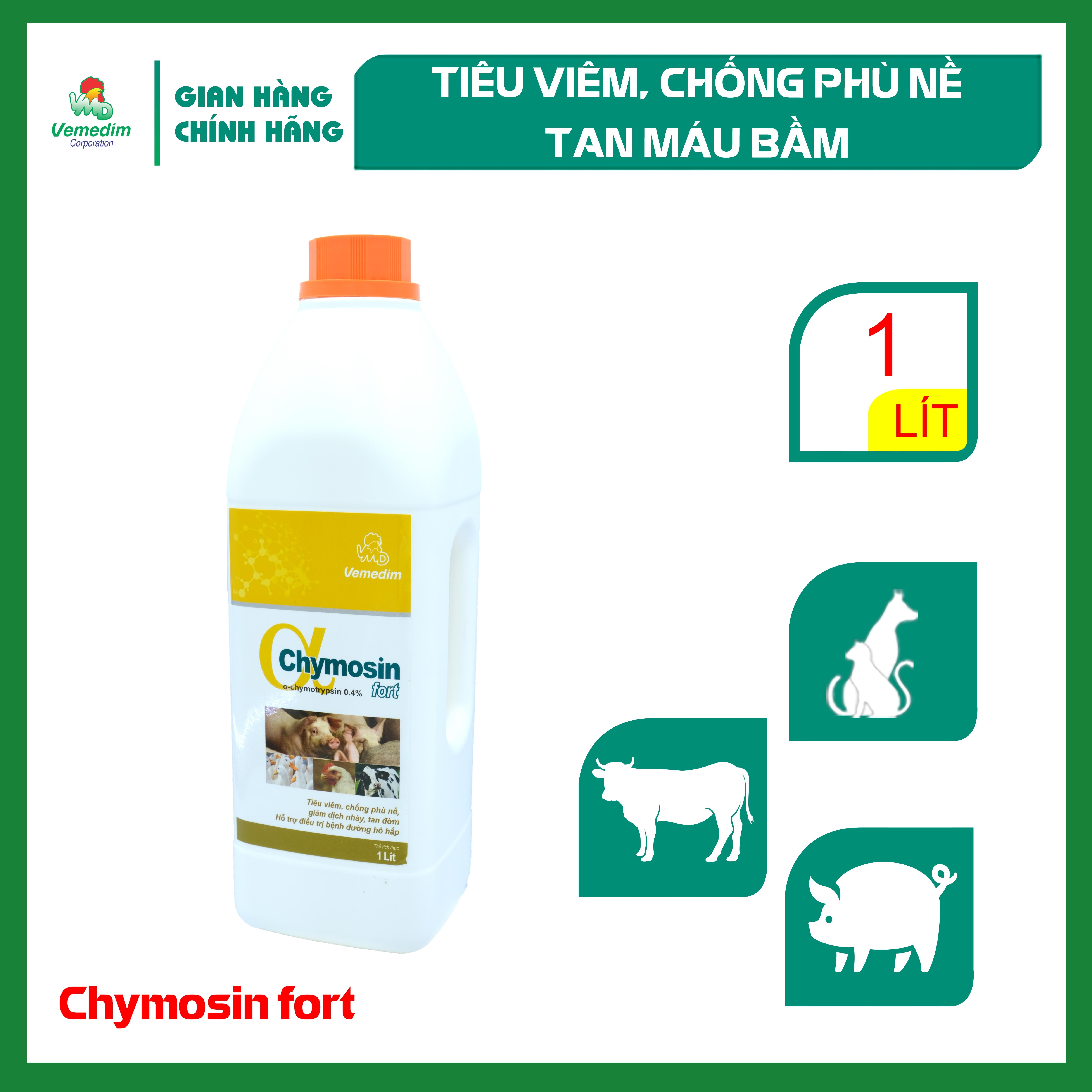 "Hoàn tiền đến 10%" Vemedim Chymosin fort thuốc uống tiêu viêm, chống phù nề, giảm dịch nhày, tan đờm cho gia súc, gia cầm, chai 1lit