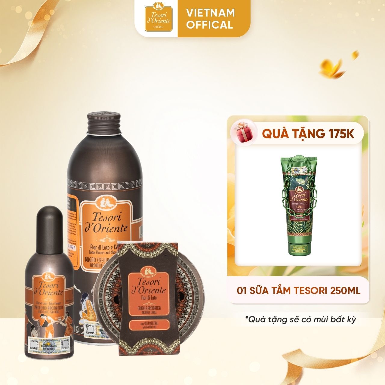 Combo Sữa tắm 500ml kèm Nước hoa 100ml và Nến thơm 200gr Tesori d' Oriente chính hãng