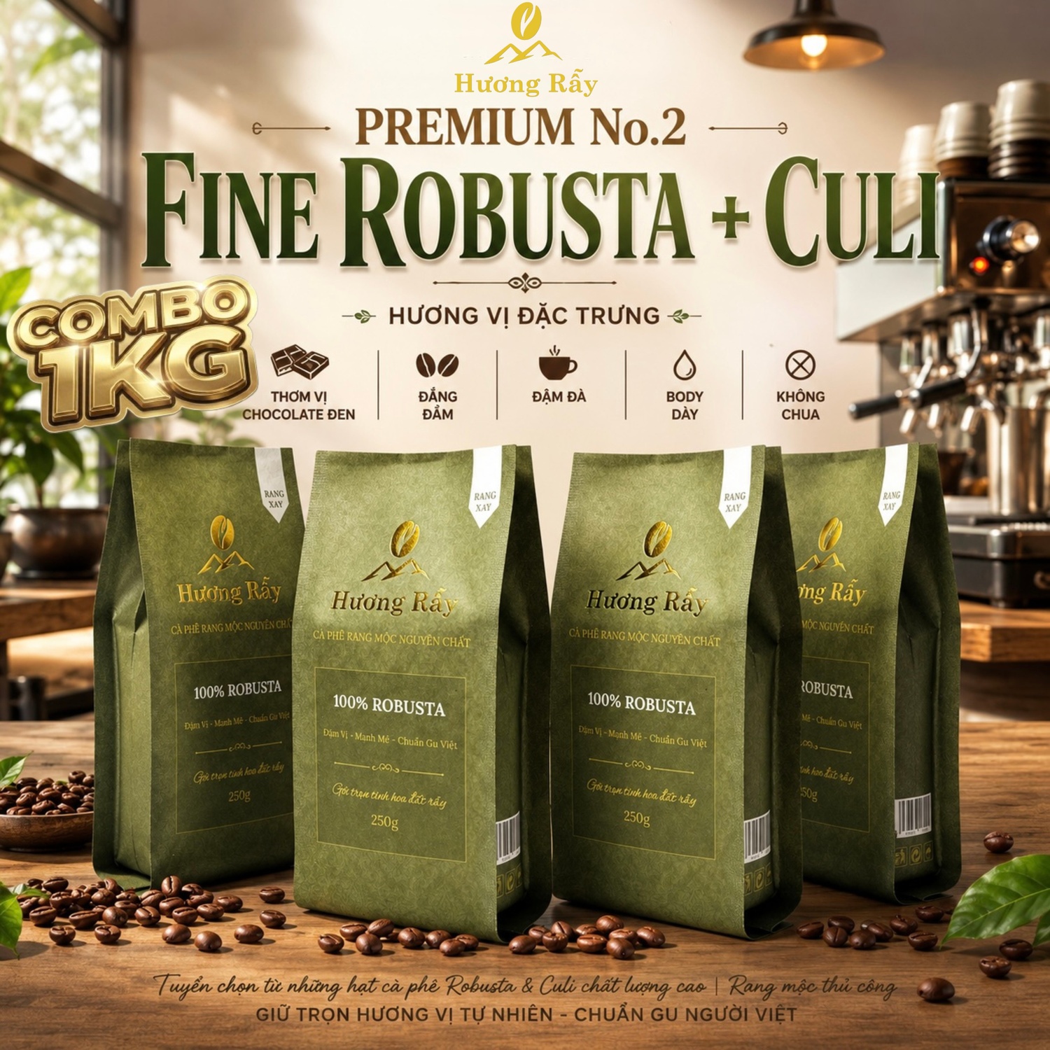 Cà Phê Rang Mộc Cao Cấp Hương Rẫy Premium No.2 | COMBO 1KG | Blend Fine Robusta + Culi