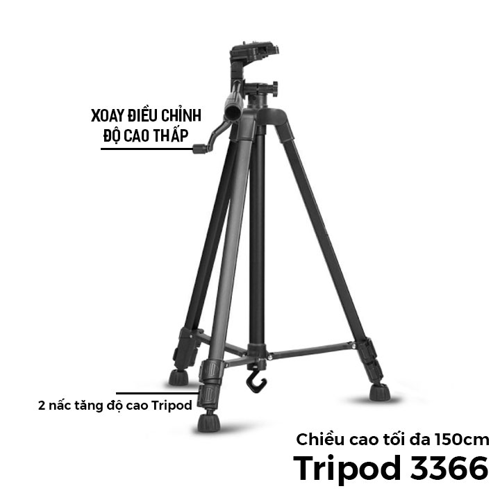 Chân giá đỡ máy ảnh tripod 3366 cao 1m5 có tay cầm quay phim có remote