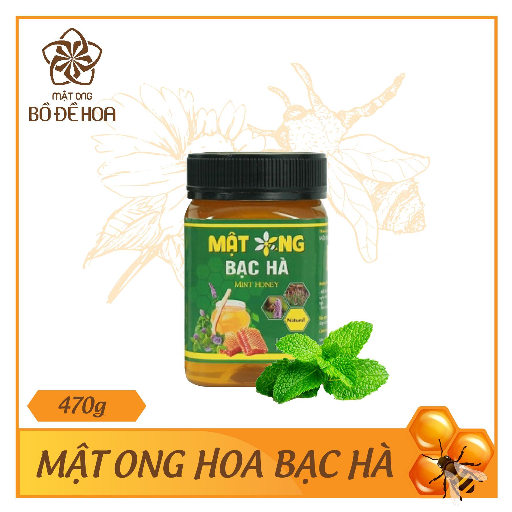 Mật ong hoa bạc hà - 100% mật ong bạc tự nhiên - lọ 470 gram