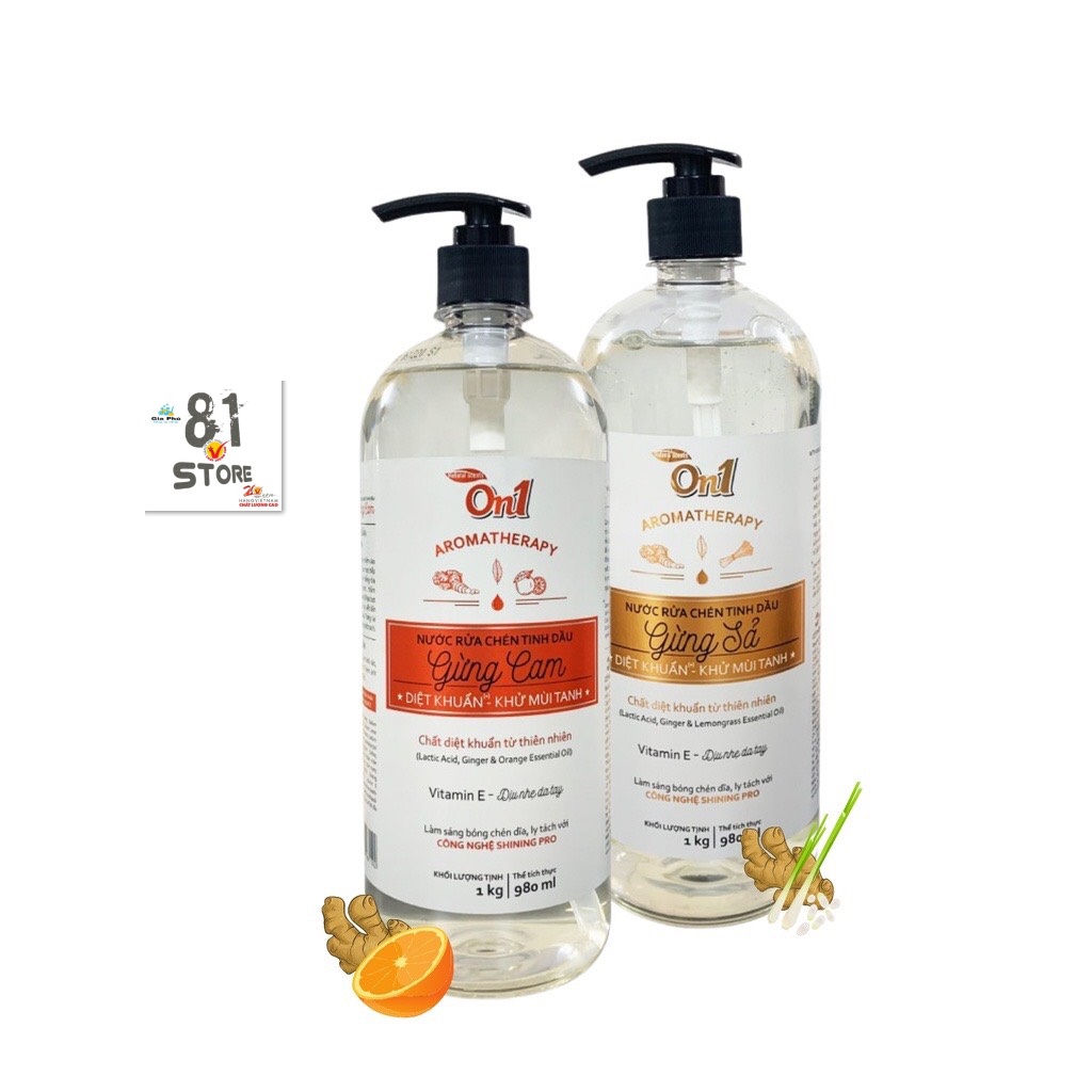 [ AN TOÀN ] Nước rửa chén On1 tinh dầu hương gừng sả gừng can 1Kg - Sạch bóng vết dầu mỡ - Bảo vệ da tay