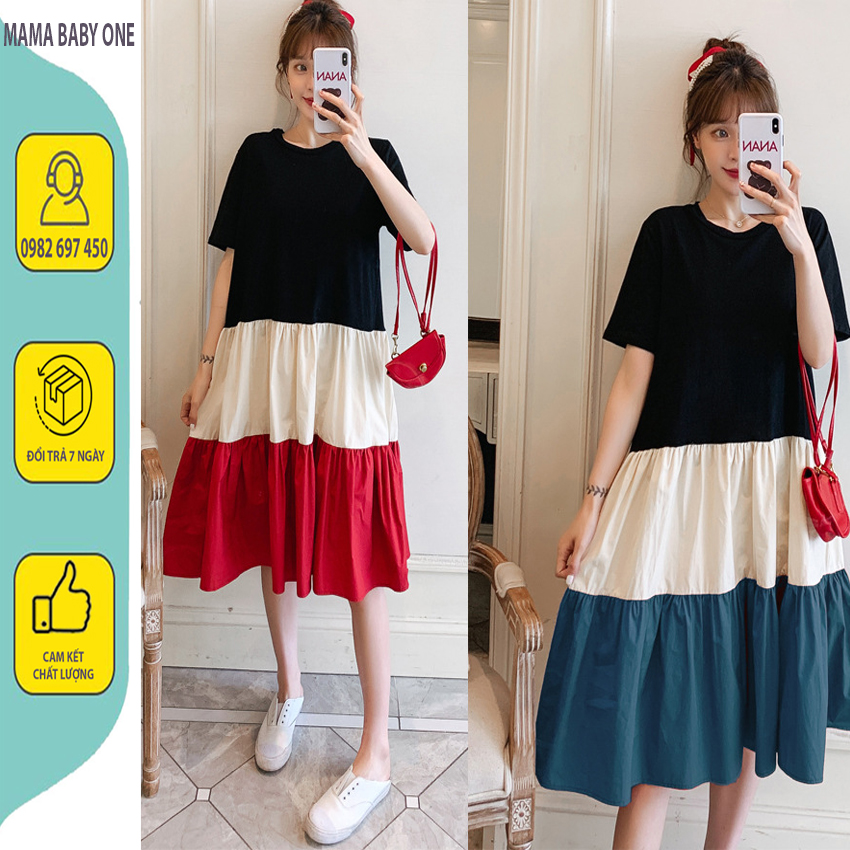 VÁY BẦU ĐẸP -ĐẦM BẦU THIẾT KẾ DÁNG XUÔNG XÒE PHỐI 3 MÀU, VẢI COTTON THẤM MỒ HÔI, MÙA HÈ THOẢI MÁI. FRRE SIZE 45-75KG. V-07