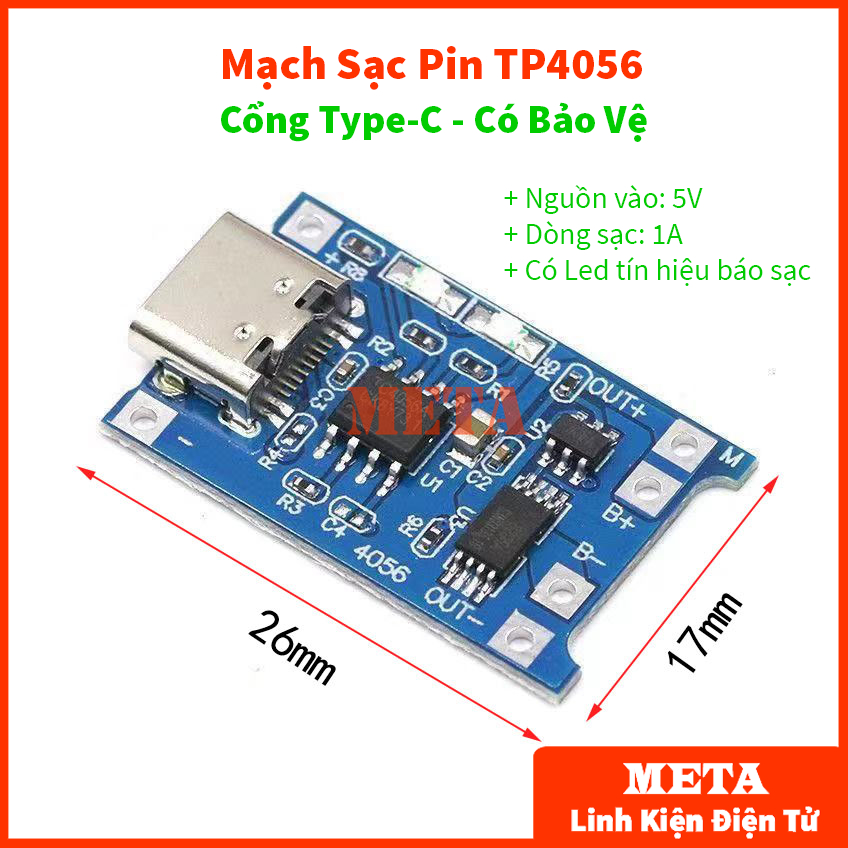 Mạch sạc pin tp4056 cổng type-c usb có bảo vệ - mạch sạc pin lithium - li-ion - 18650 tp4056