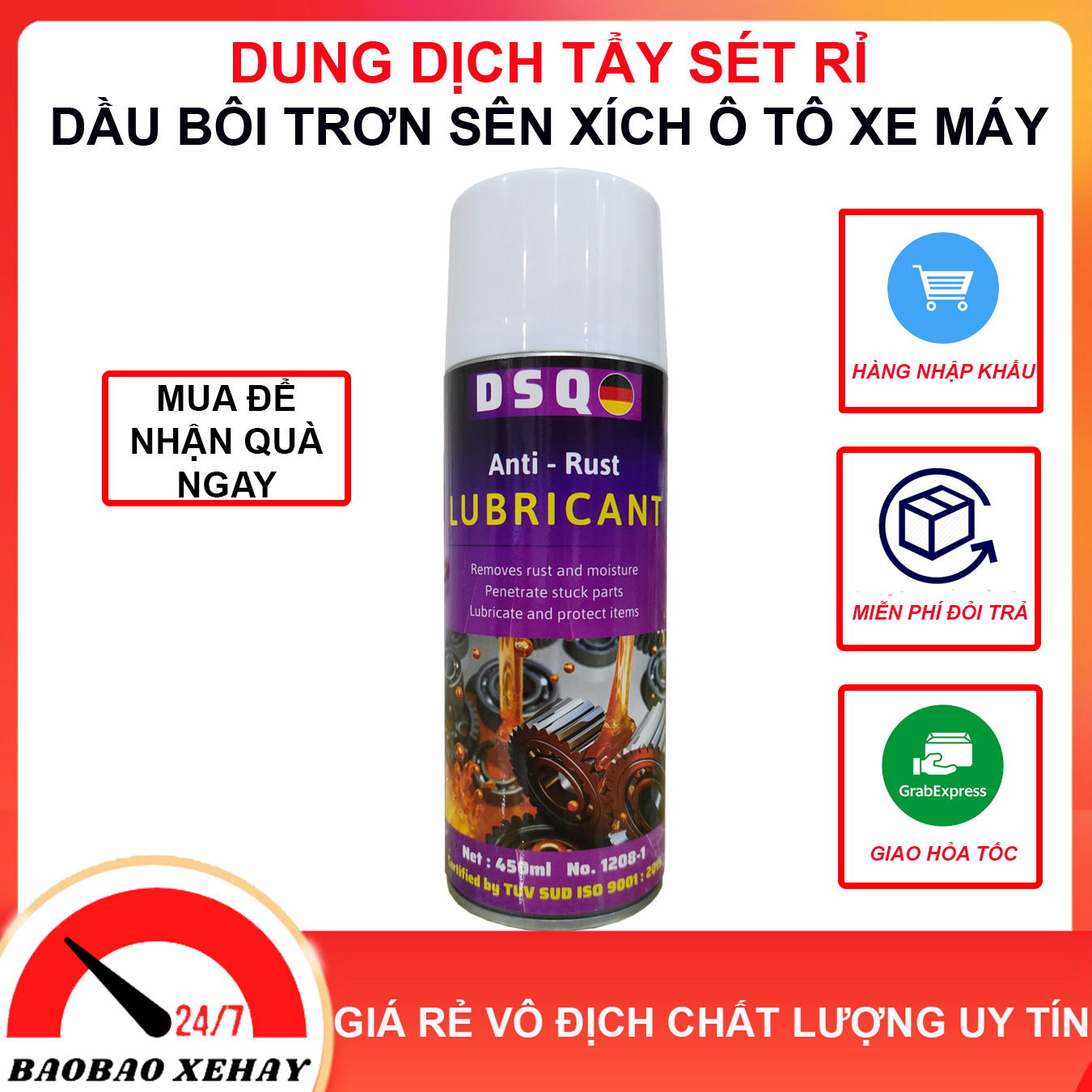 Chai xịt đánh sét gỉ kim loại- Tẩy rỉ inox, bôi chơi chi tiết kim loại -Tẩy Gỉ Kim Loại Hiệu Quả- Dầu bôi trơn tẩy gỉ sét đa năng chính hãng DSQ xuất khẩu Châu Âu-Santashopone
