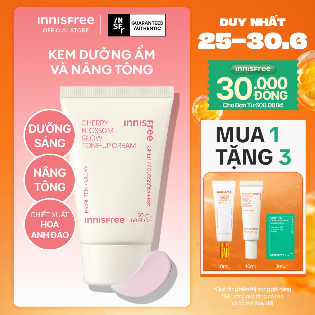 Kem nâng tông, dưỡng sáng làm đều màu da từ hoa anh đào INNISFREE Cherry Blossom Tone Up Cream 50ml