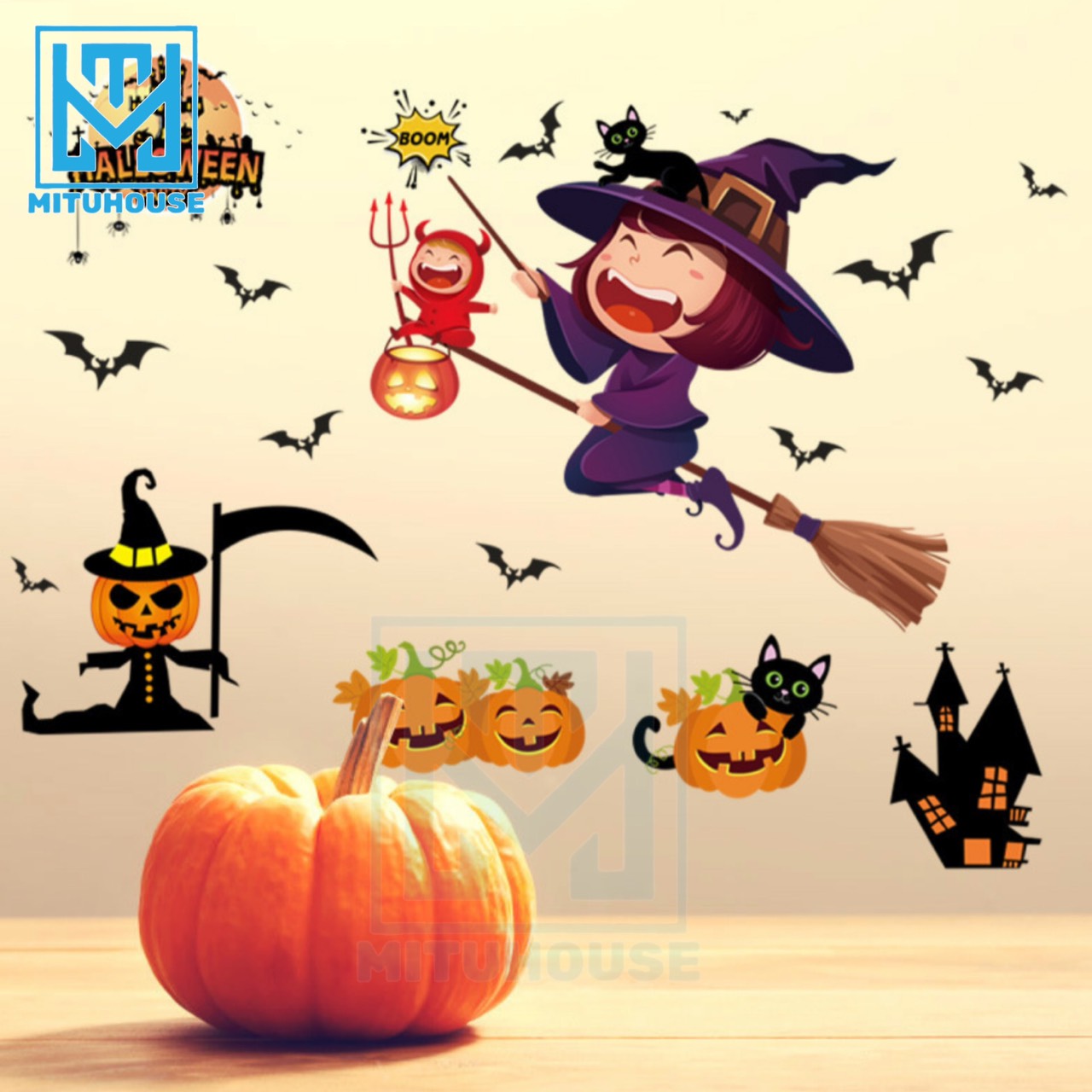 Decal dán tường dán trang trí halloween bí ngô sk9319 không bị hư tường