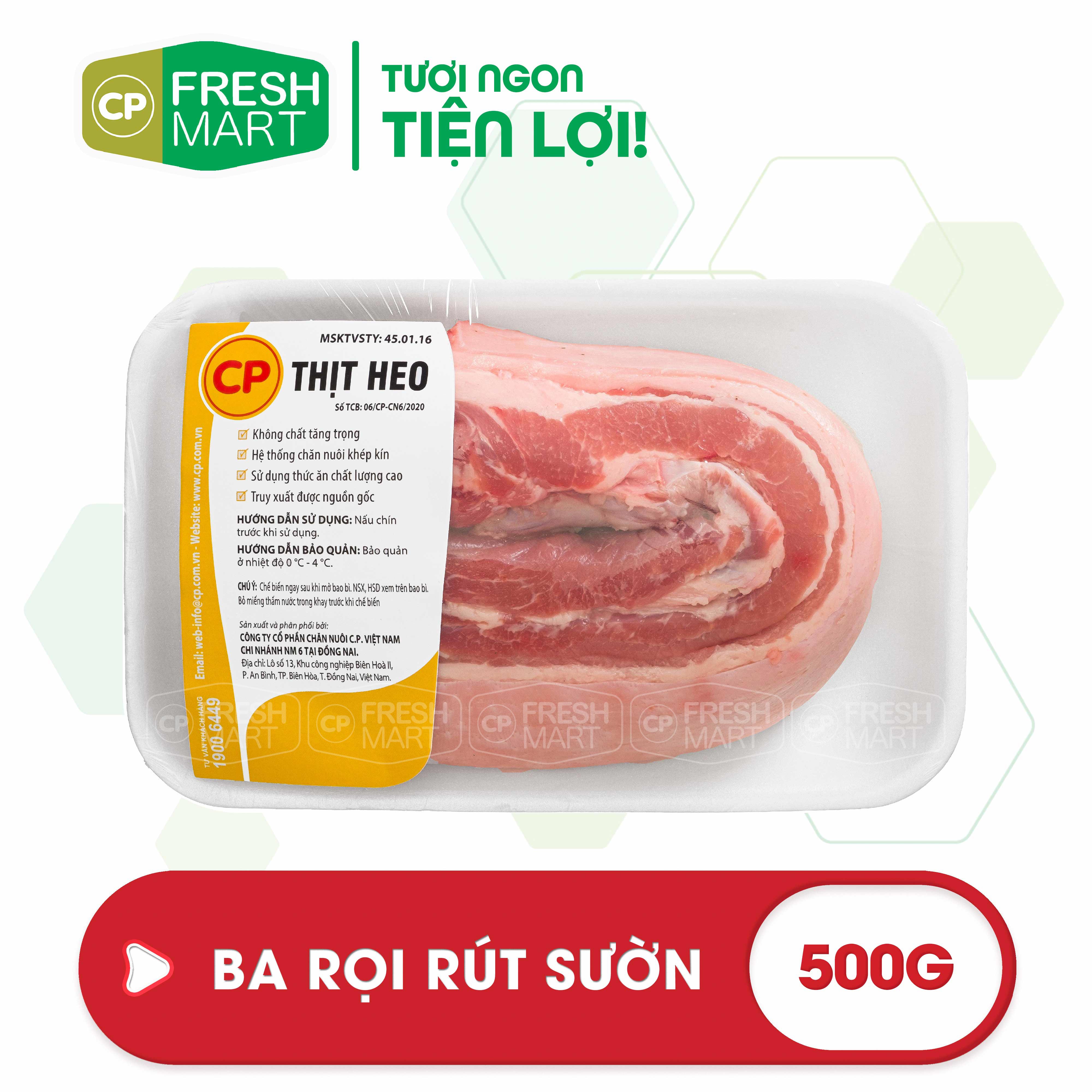 Thịt heo ba rọi rút sườn cp 500g - thịt heo cp foods - tươi ngon tiện lợi - cp fresh mart
