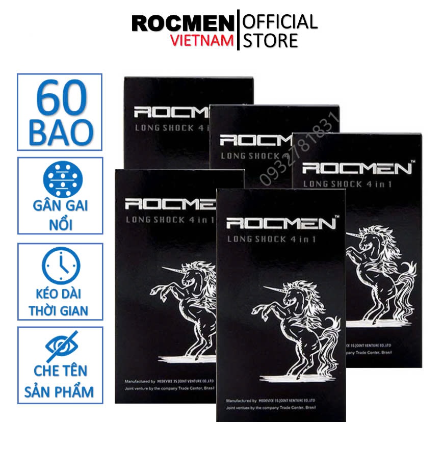 Freeship Bộ 5 hộp Bao cao su Rocmen 4in1 gân gai kéo dài thời gian (60 chiếc)