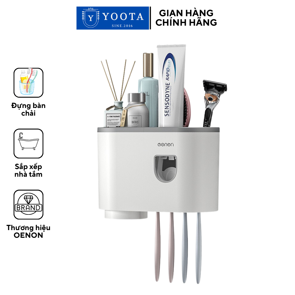 Giá đựng bàn chải đánh răng OENON chính hãng liền nhả kem, Kệ nhà tắm treo bàn chải nhả kem tự động kèm 2 cốc hút từ tính