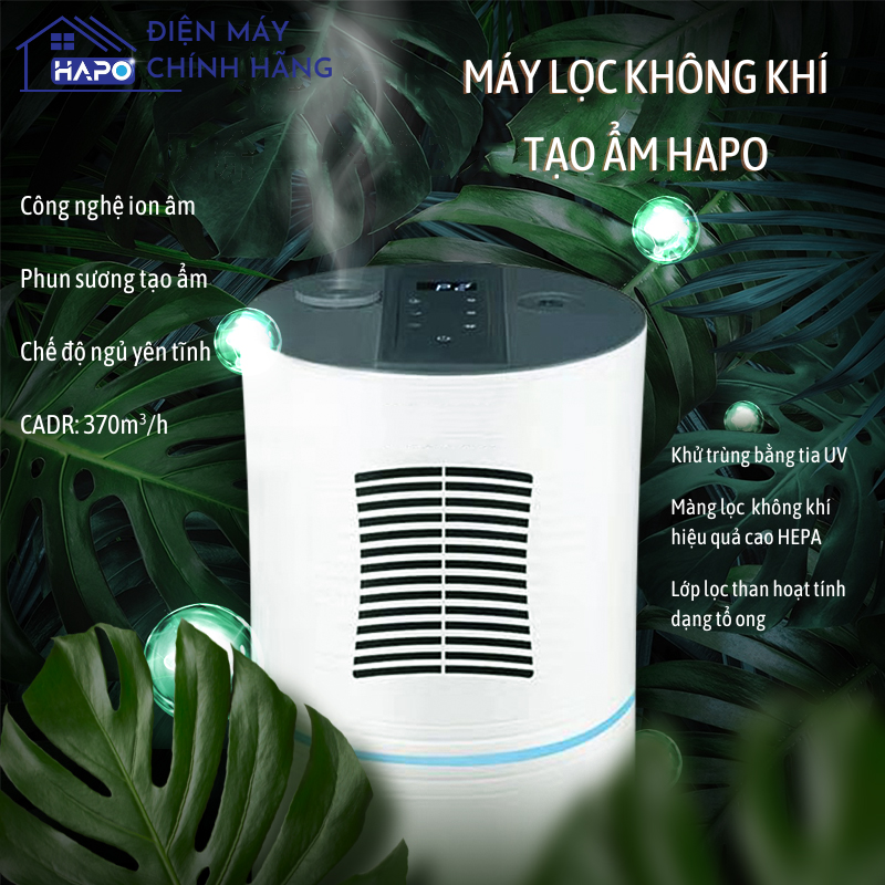 Máy lọc không khí và tạo ẩm Hapo cho không gian 35-50m2, tích hợp phun sương tạo ẩm, Máy lọc không khí thông minh cao cấp Hapo