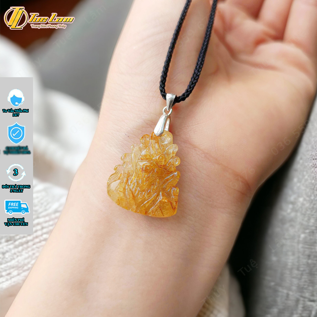 Dây chuyền mặt hồ ly chúa chín đuôi đá thạch anh tóc vàng hợp mệnh kim, thổ, trợ duyển may mắn - Tuệ Lâm