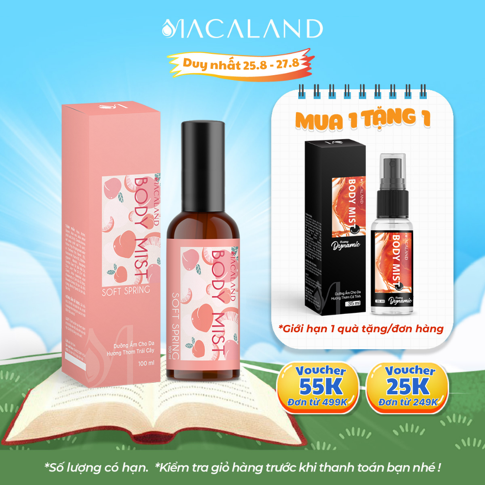 Body Mist xịt thơm body Soft Spring MACALAND cho nữ hương đào dưỡng ẩm cho da, lưu hương lâu