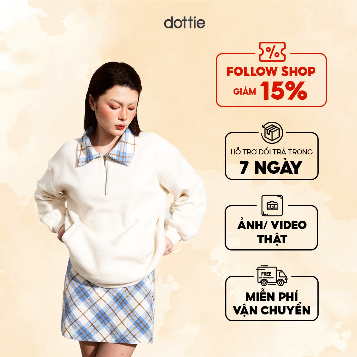 Dottie - áo kiểu tay dài phối vải - trắng kem - t0838