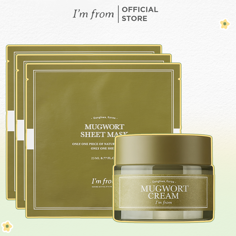 Combo kem dưỡng ngải cứu i'm from mugwort cream 50g + 3 mặt nạ dịu da i'm from mặt nạ mugwort sheet mask