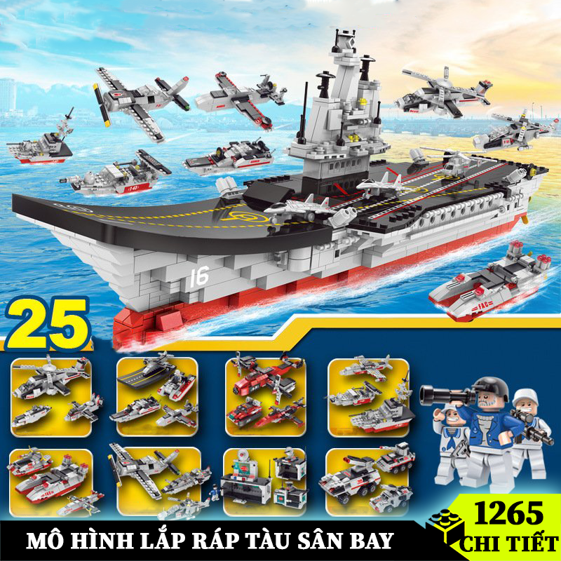 Đồ chơi lắp ráp Tàu sân bay 1265 chi tiết, mô hình tàu chiến siêu to khổng lồ kèm lính hải quân và máy bay biển