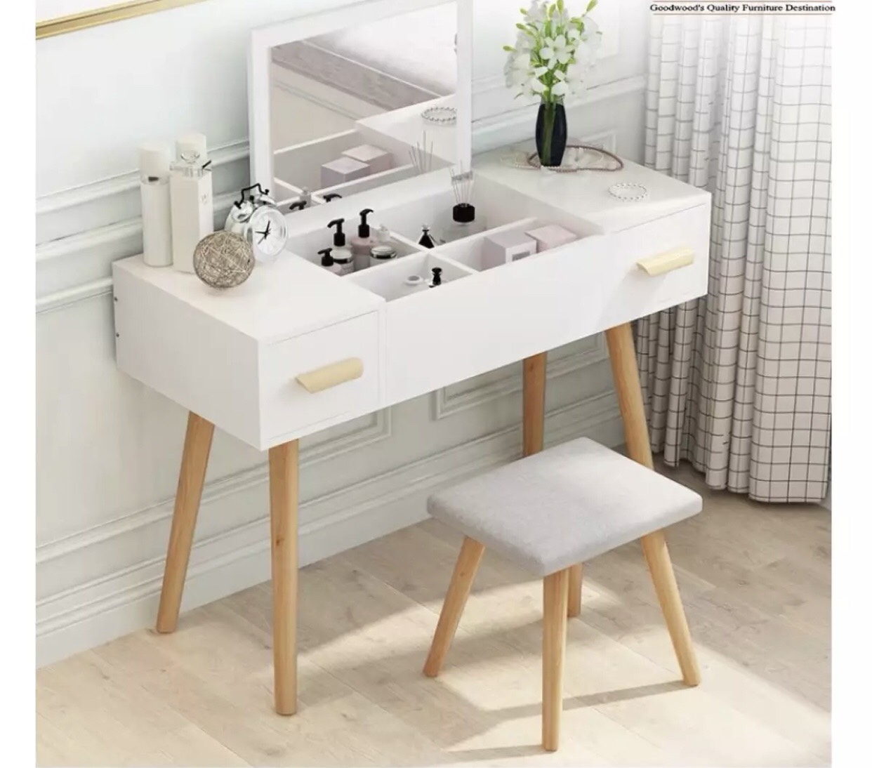 Bàn Trang Điểm 3 Ngăn Chân Cao Kèm Gương Hiện Đại - Tủ Gương Trang Điểm Gỗ Hàn Quốc Cao Cấp