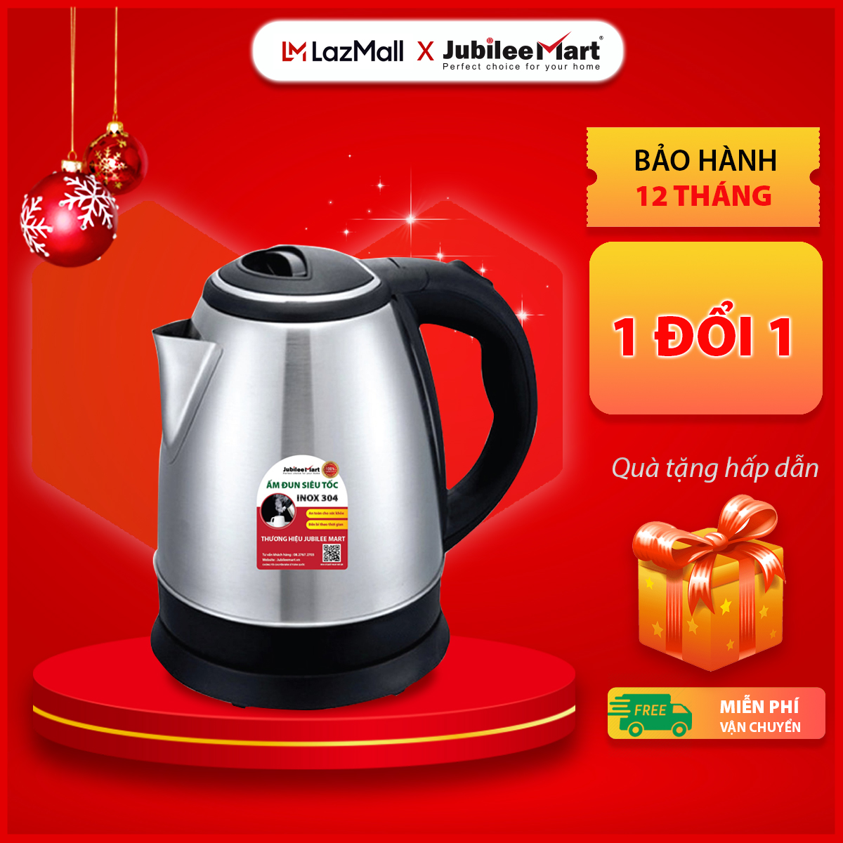 GIAO NHANH 24H  Ấm Đun Nước Siêu Tốc Jubilee Mart Chất Liệu Inox Dung Tích 1.8L Công Suất 1500W, Bình Đun Siêu Tốc Giao Hàng Nhanh