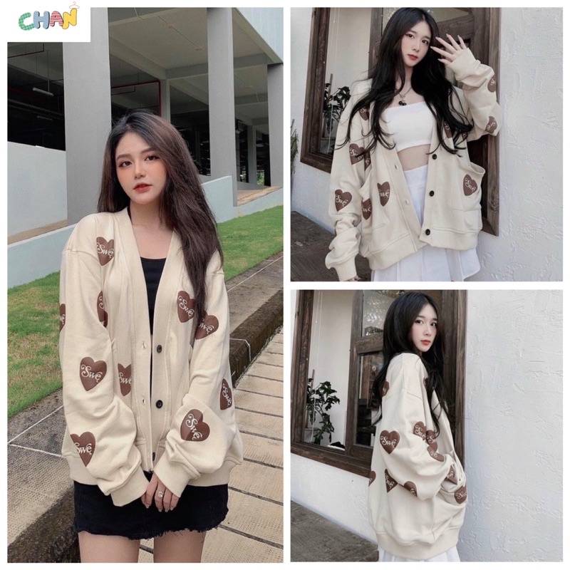 Áo cardigan tim chất nỉ, áo khoác nỉ nữ bánh bèo