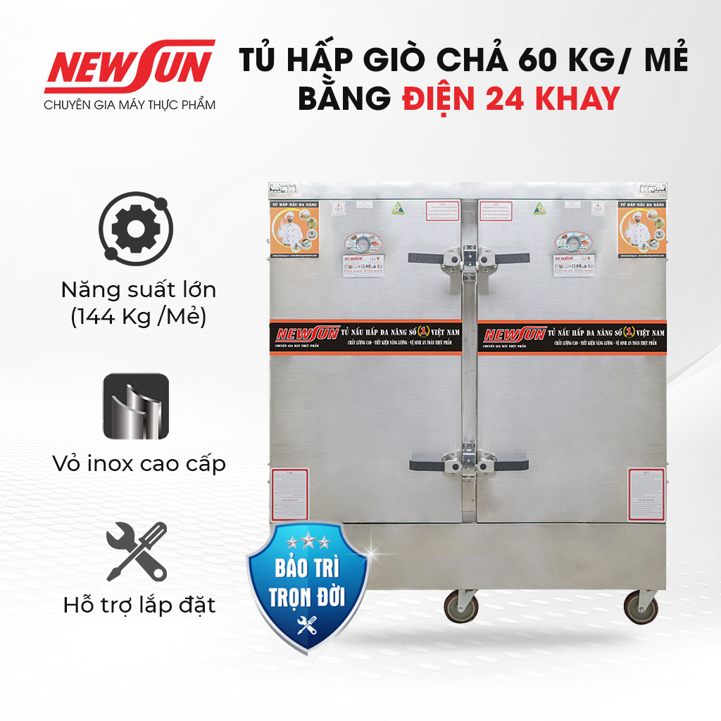 Tủ hấp giò chả 144 kg/ mẻ bằng điện newsun 24 khay việt nam - không bảng điều khiển - hàng chính hãng