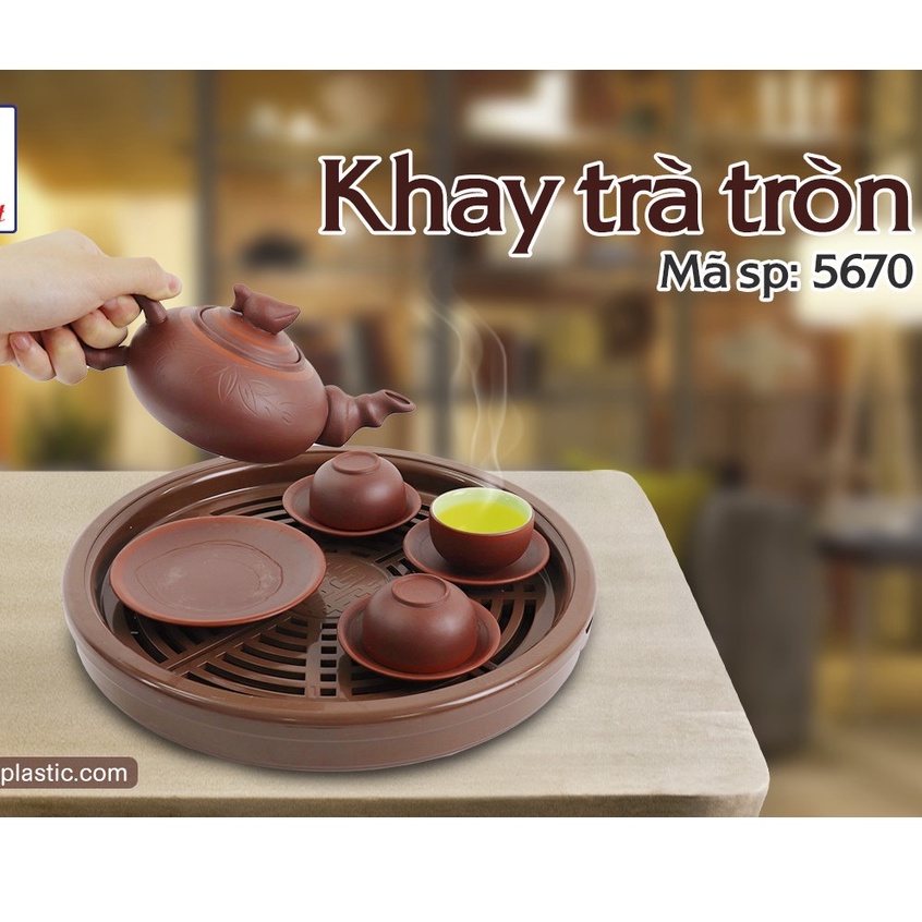 Khay trà tròn giả gỗ chất liệu nhựa Việt Nhật