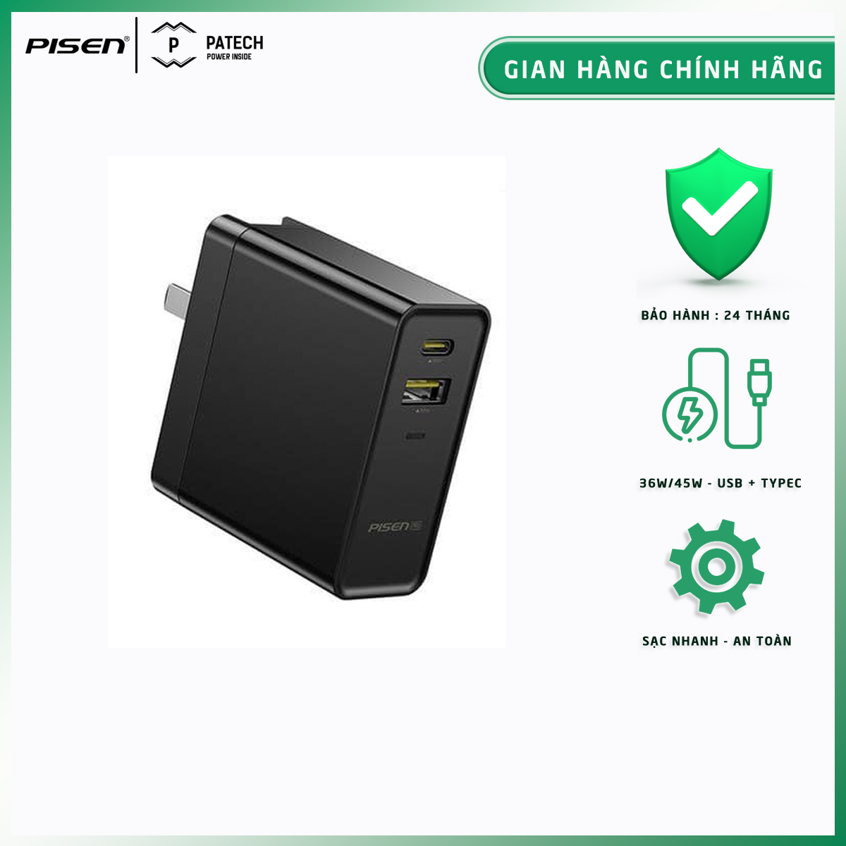[20H 6/7 - 9.7 Nhập 77LAZSOCIAL80K Voucher giảm 12% đơn từ 250K tối đa 80K]Sạc PISEN Quick USB Wall ( QC 36W/PD 45W) cho macbook, laptop, ipad kèm cáp sạc nhanh USB to Type-C 50W - Hàng chính hãng, bảo hành 24 tháng (Pisen CarePlus)