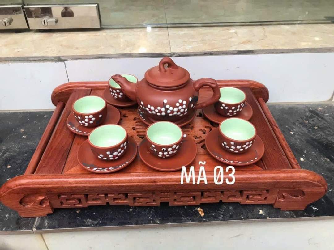 Bộ ấm chén trà kèm khay gỗ hương đế cuốn cao cấp