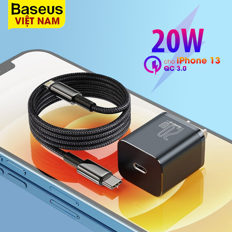 [BẢO HÀNH 12 THÁNG] Củ sạc nhanh mini Baseus 20W chân dẹt kèm cáp, giao diện cổng Type-C, công nghệ Super Si hỗ trợ sạc nhanh