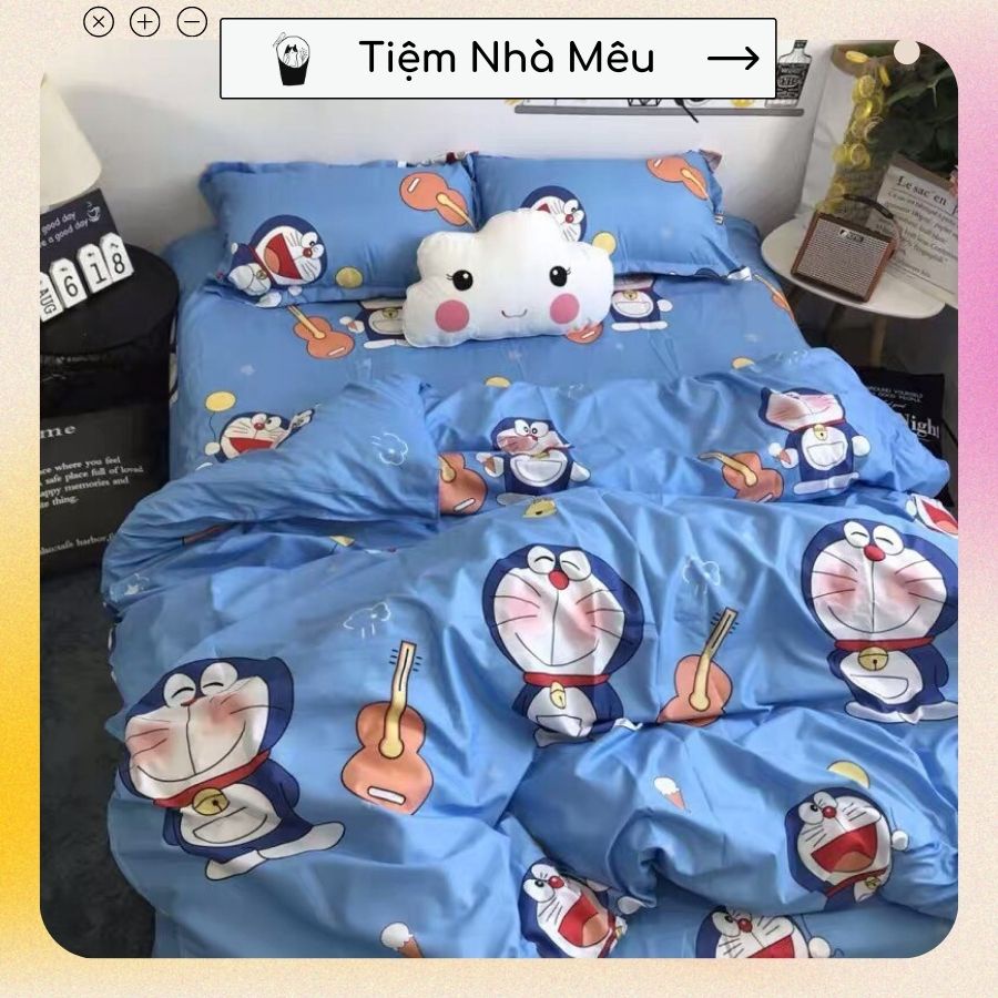 Bộ chăn ga gối cotton 80% full size tiệm nhà mêu 2 vỏ gối drap vỏ chăn cotton doraemon nhập khẩu