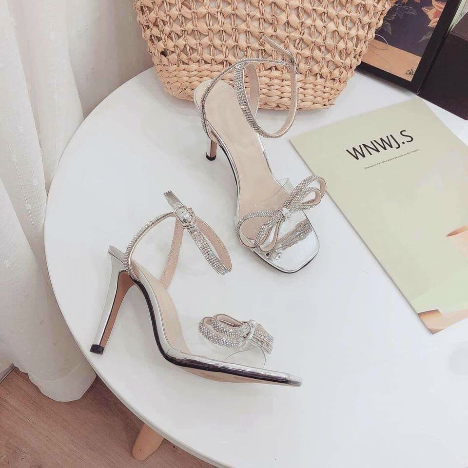 Sale giá sỉ | Sandal cao gót quai trong nơ đá gót nhọn 9 phân sang chảnh-658