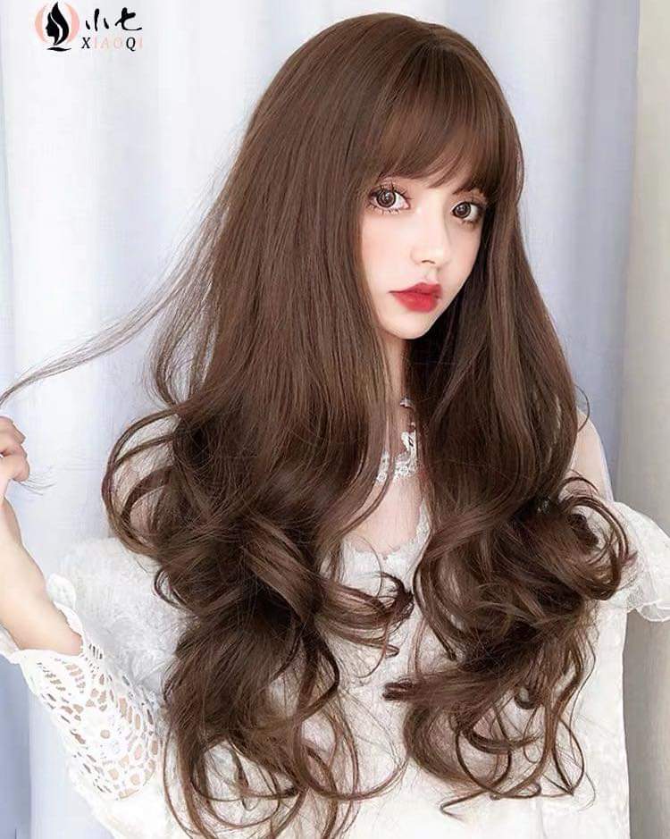 Tóc giả nữ nguyên đầu xoăn dài, tóc giả bộ cả đầu mái thưa, tóc giả xoăn lọn