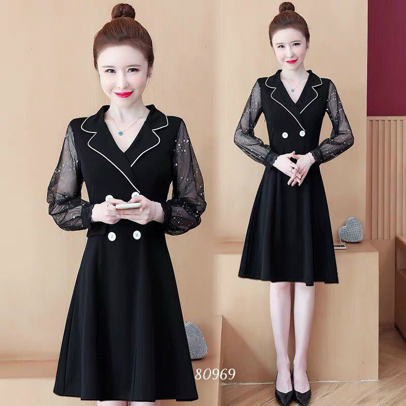 Đầm công sở cổ vest phối nút sang trọng-d10