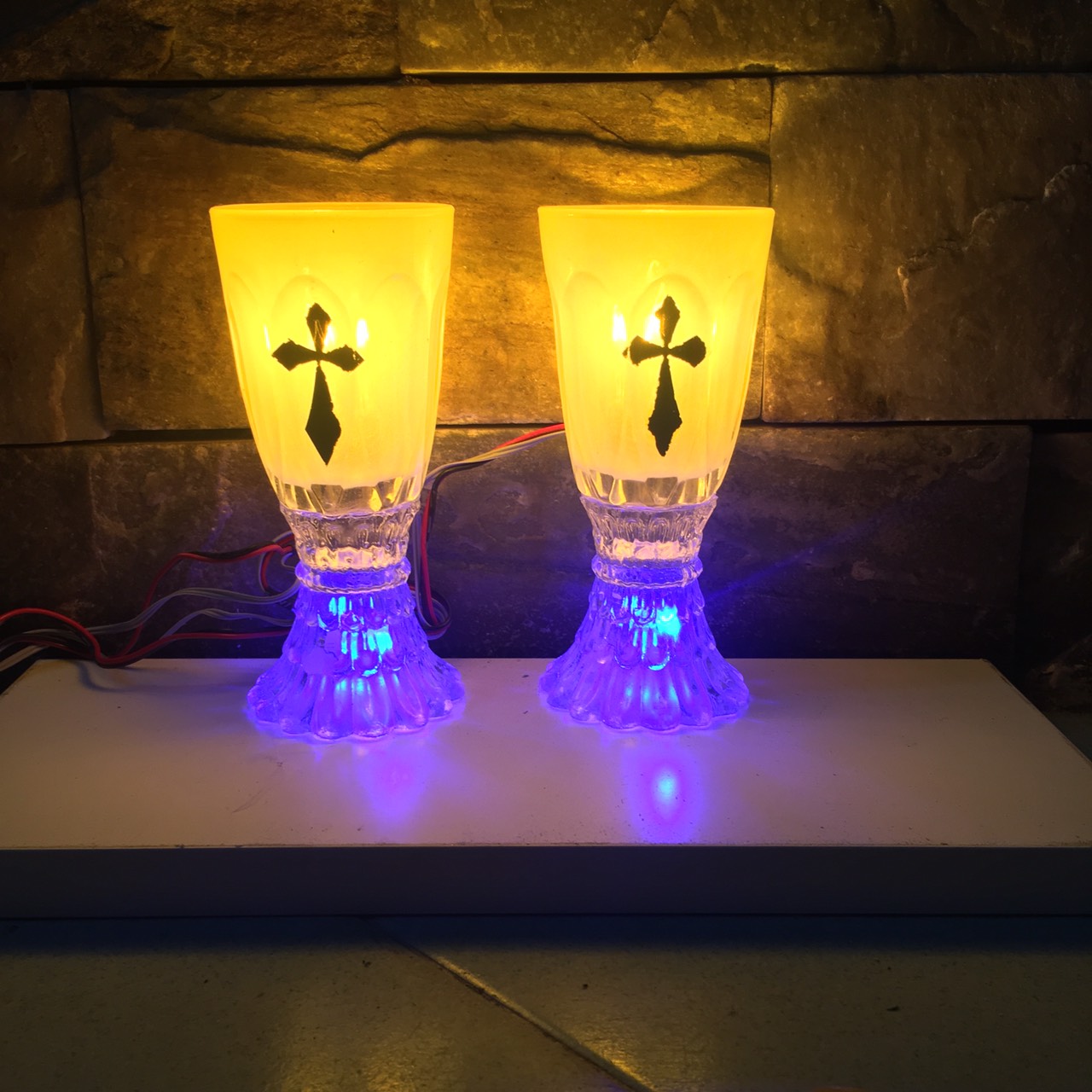 Bộ Đèn điện Công Gíao - đèn ly thủy tinh- đế đèn bóng led cao cấp- đèn cao 14cm