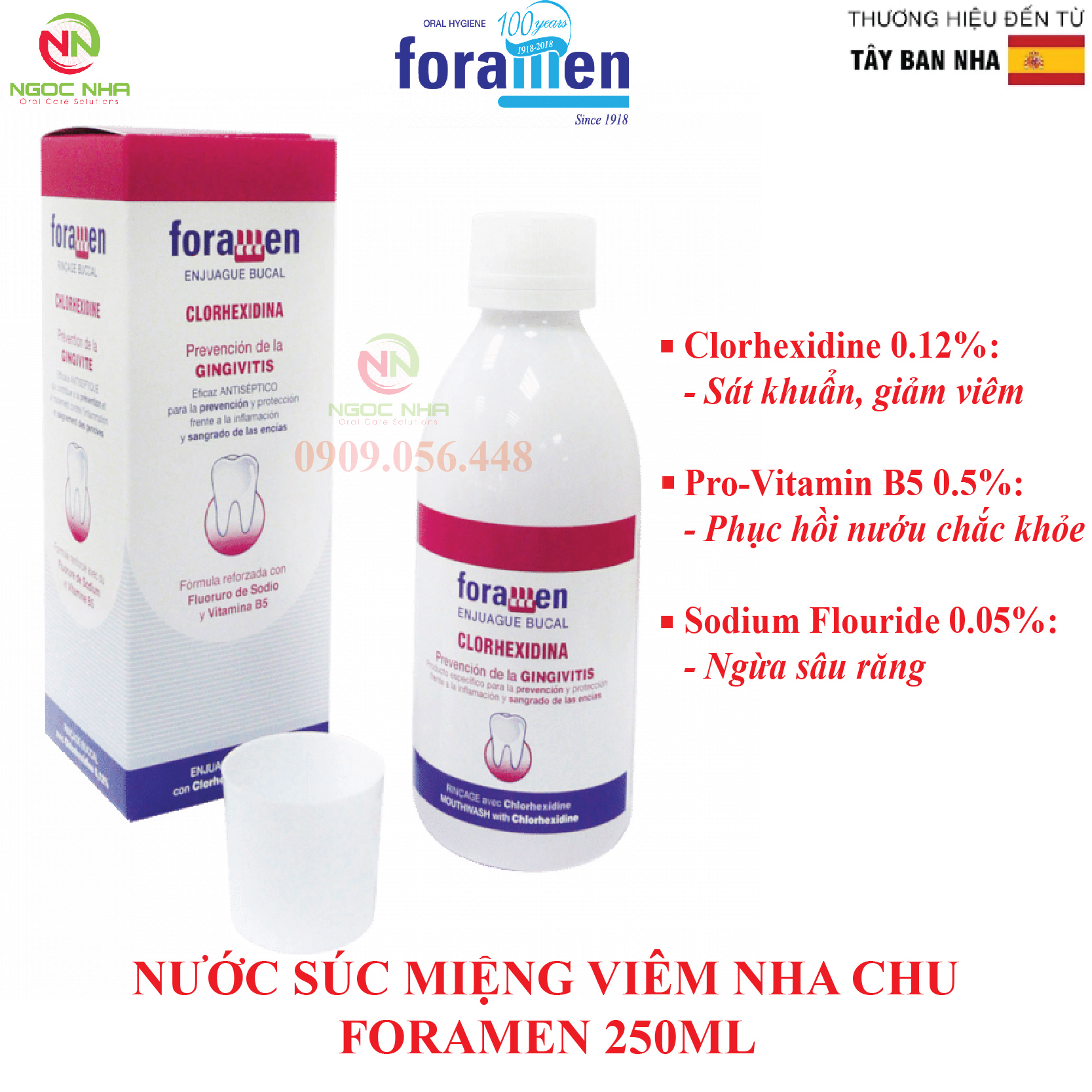 Nước súc miệng nha chu nhiệt miệng/ viêm loét miệng- viêm nướu, chảy máu chân răng Foramen 250ml/ Tây Ban Nha