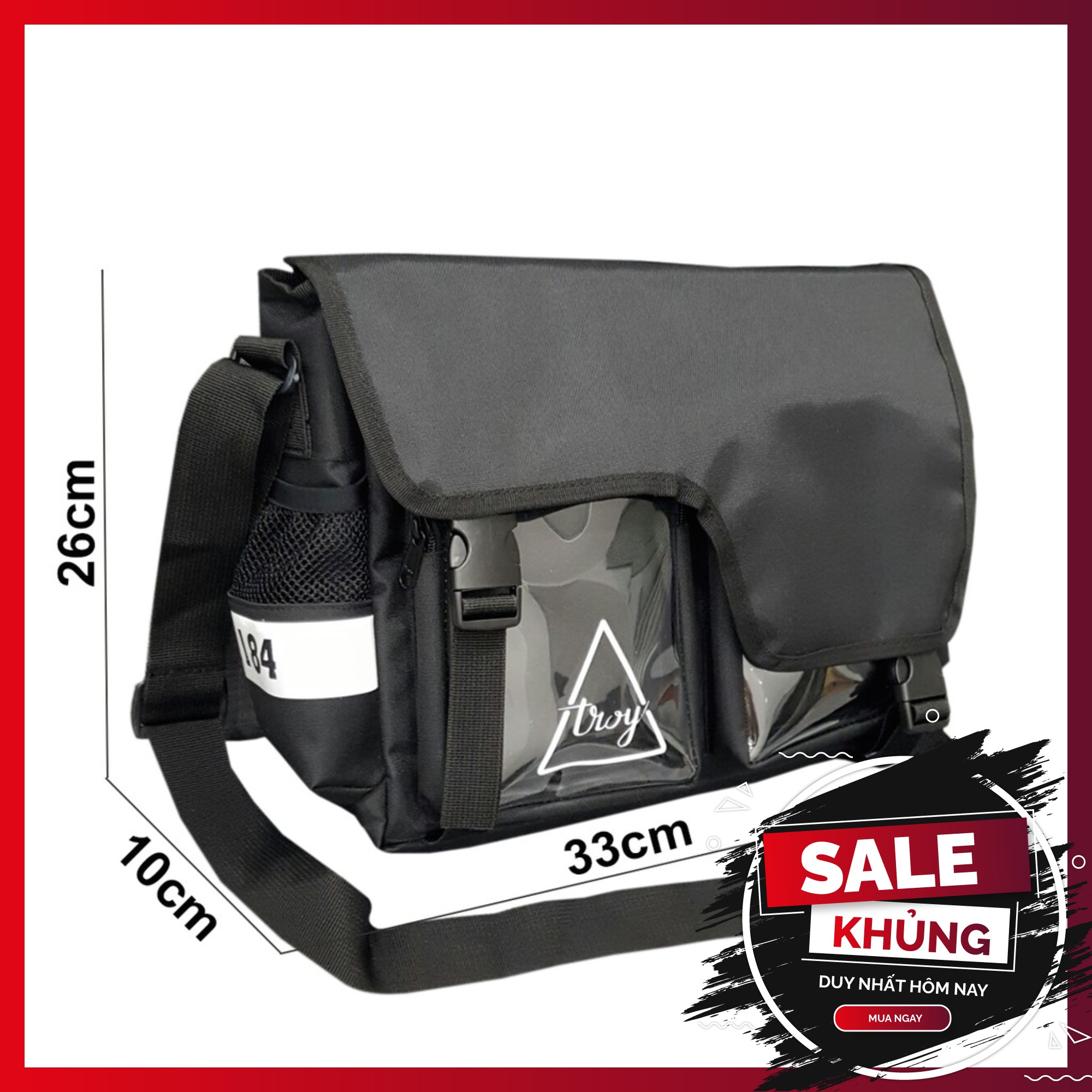 TẶNG KÈM VÍ MINI_ Cặp đeo chéo nam chất vải bố PVC phối chữ phản quang thiết kế túi hộp trong suốt độc đáo T3422.