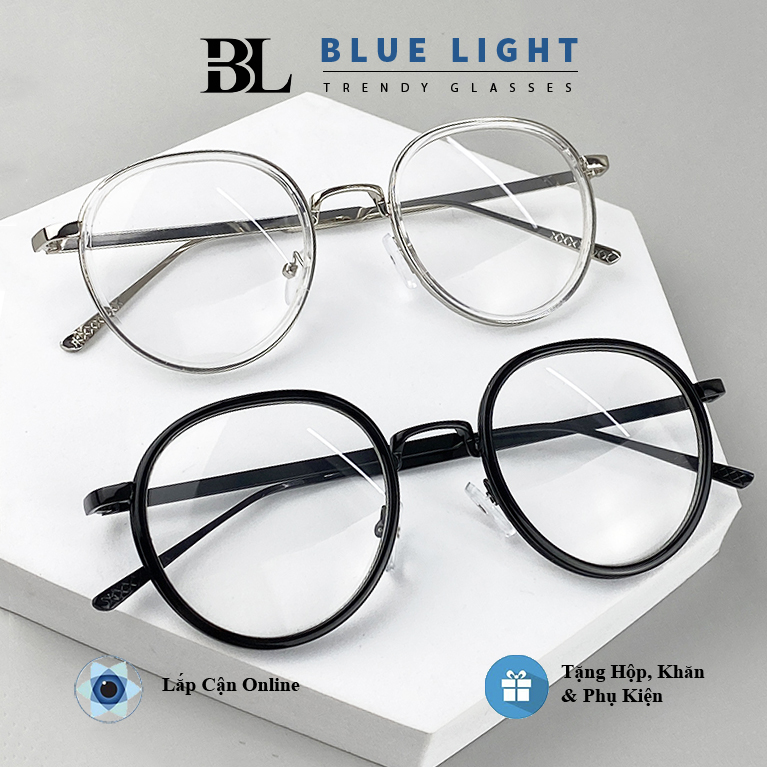 Gọng Kính Cận Kính Giả Cận Nam Nữ Mắt Tròn Gọng Kim Loại Viền Nhựa Full Đen Trong Suốt Gọng Bạc Hàn Quốc - BLUE LIGHT