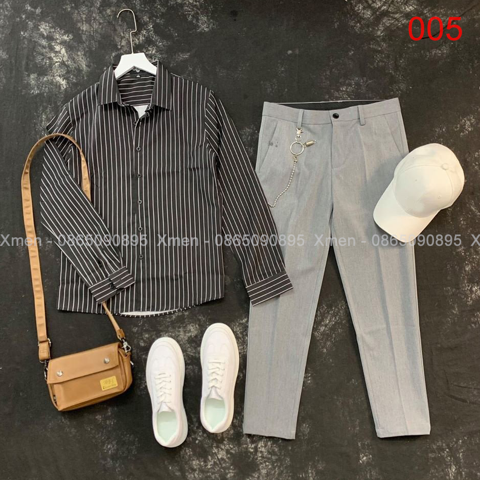 COMBO đồ nam quần âu xám+ áo sơ mi đen kẻ trẻ trung