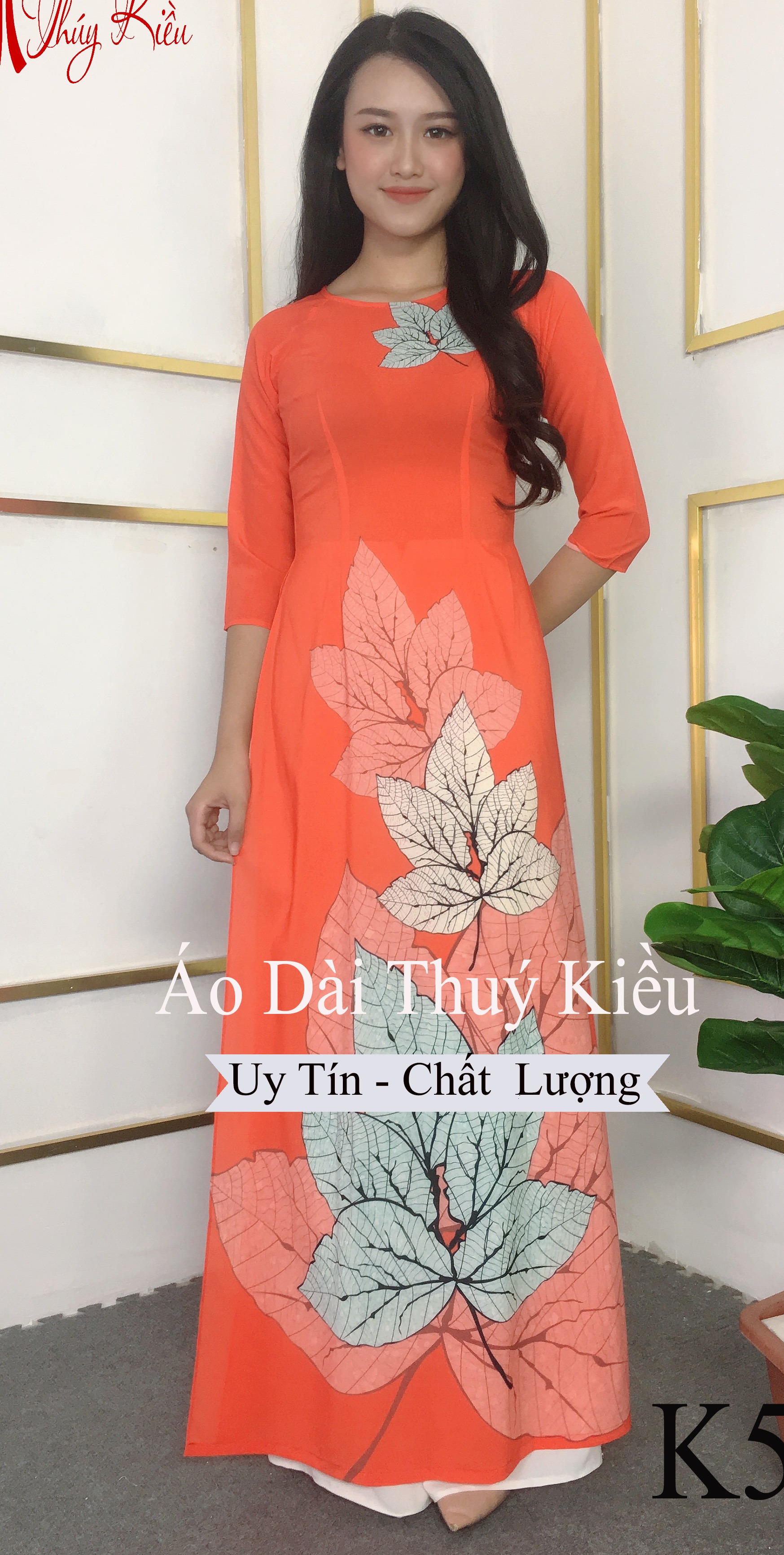 Áo dài truyền thống thiết kế may sẵn tết cách tân nữ nền đỏ cam lá K56 Thúy Kiều mềm mại co giãn áo dài giá rẻ