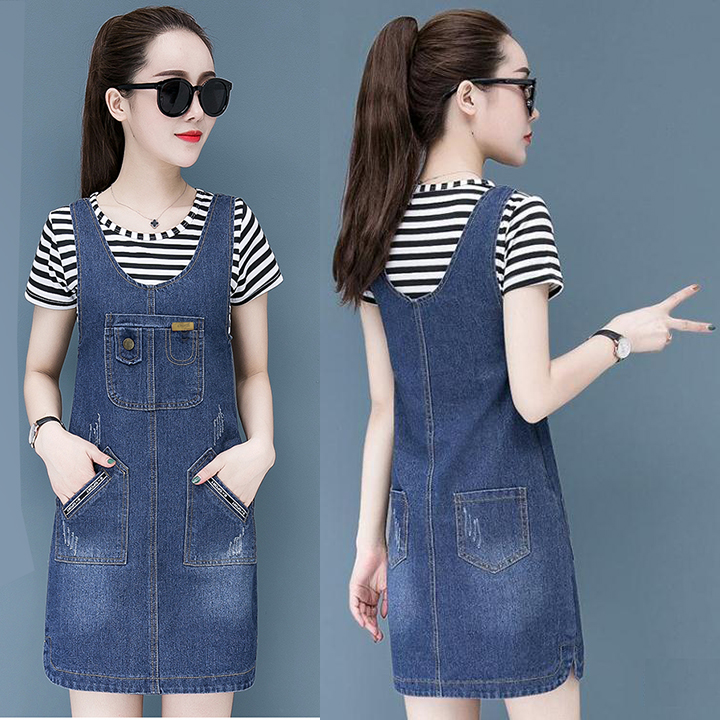 Yếm jean nữ wash cào thêu logo trẻ trung xinh xắn