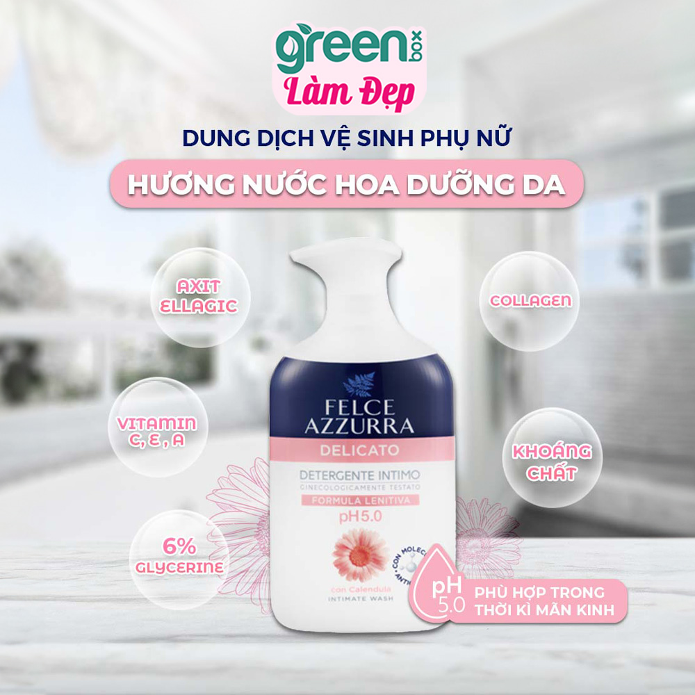 Dung dịch vệ sinh phụ nữ hương nước hoa Felce Azzurra Ý 250ml, dùng cho thời kỳ mãn kinh giúp dưỡng ẩm độ pH5