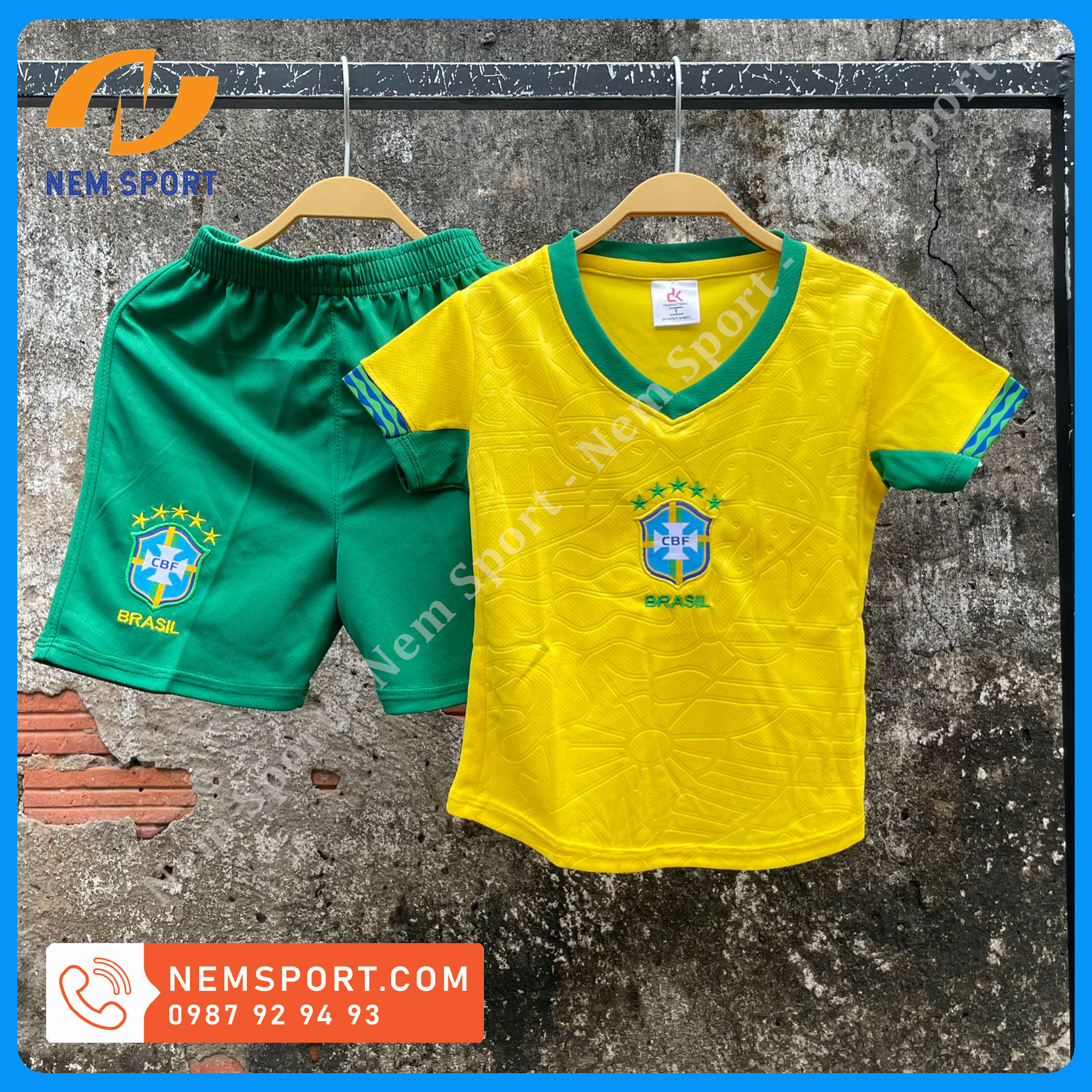 Bộ Quần Áo Đá Bóng Trẻ Em Đội Tuyển BRAZIL Màu Vàng Vải Thun Mè Cao Cấp