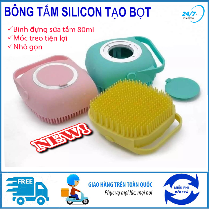 Bông tắm silicon tạo bọt, bàn chà tắm silicon hình vuông có ngăn đựng sữa tắm, cọ tắm silicon mềm có móc treo tiện dụng, bàn chải tắm mẫu mới nhất - Giadungbv247