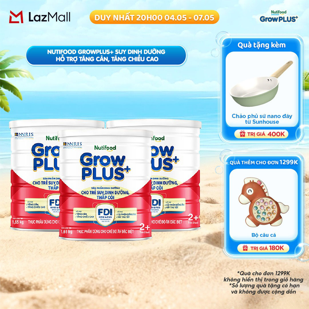Combo 3 Sữa bột Nutifood GrowPLUS+ Suy Dinh Dưỡng (Đỏ) 2+ - Hỗ trợ tăng cân, tăng chiều cao (3 Lon 1,65 Kg)
