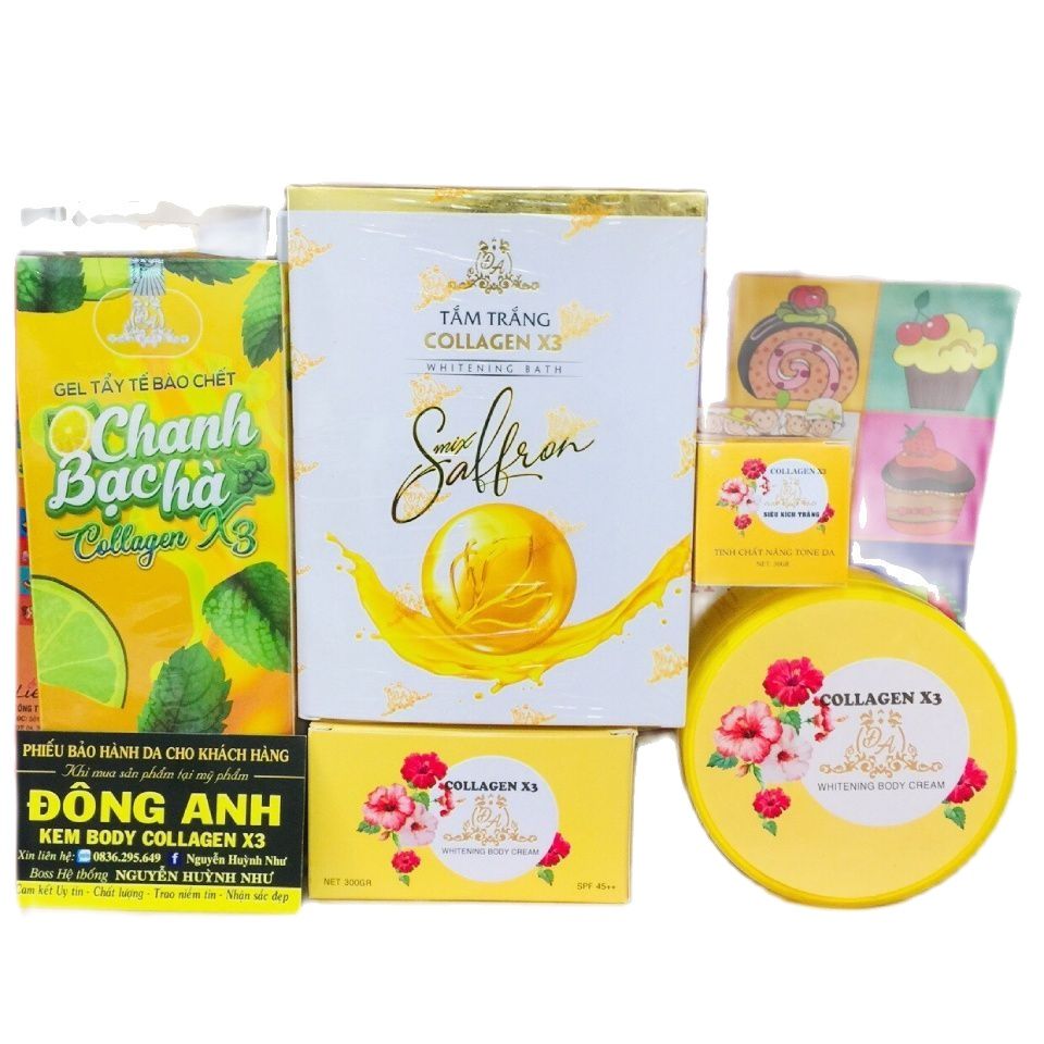 Combo Kem Body Collagen X3 + Kích trắng X3 + Tắm trắng X3 + Tẩy Tế bào chết chanh bạc hà Chính Hãng