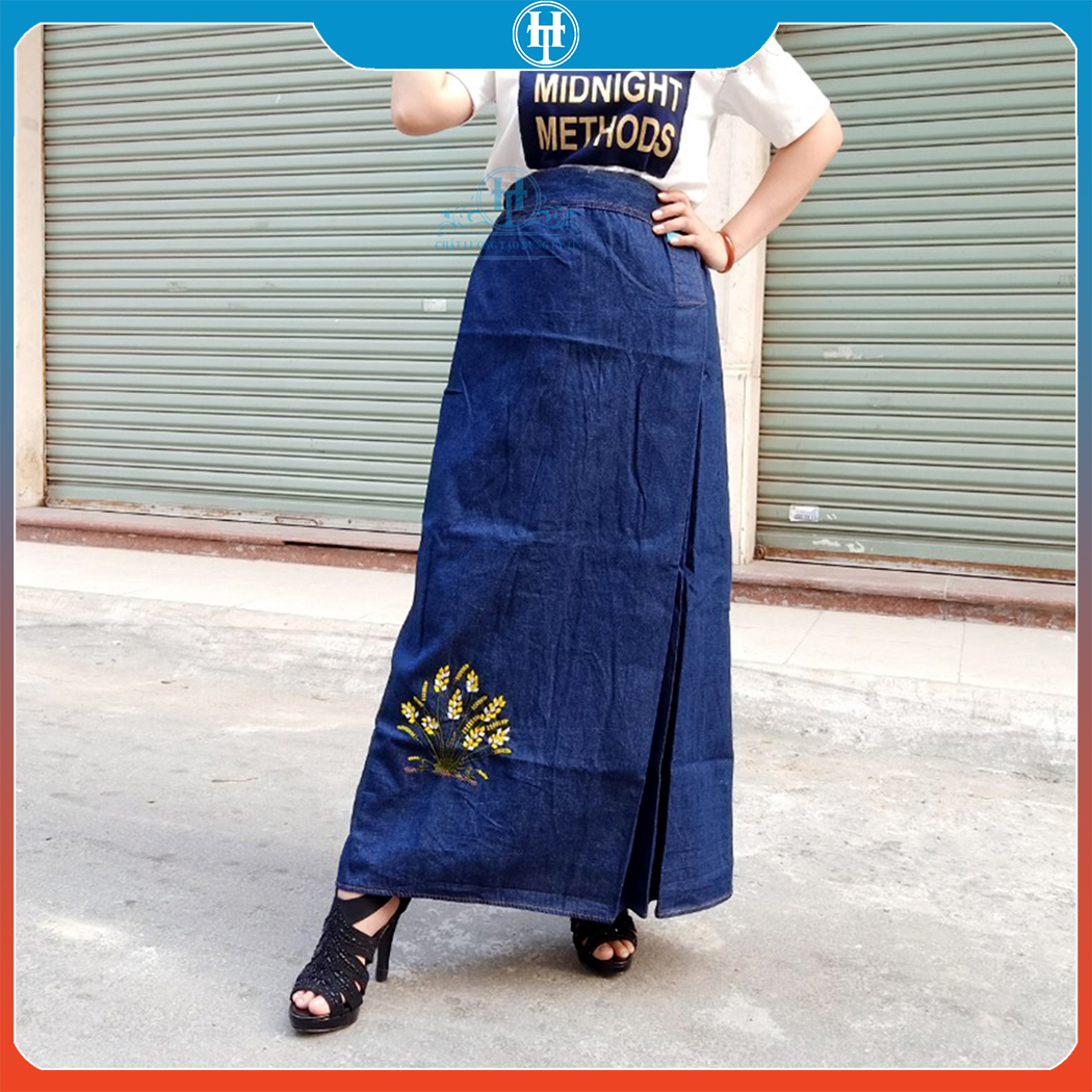 Váy Chống Nắng Jean Cao Cấp Vải Cotton Dày Dặn Có Túi Và Nút Bấm Lưng Thêu Bông Lúa JHT102 H&T FASHION