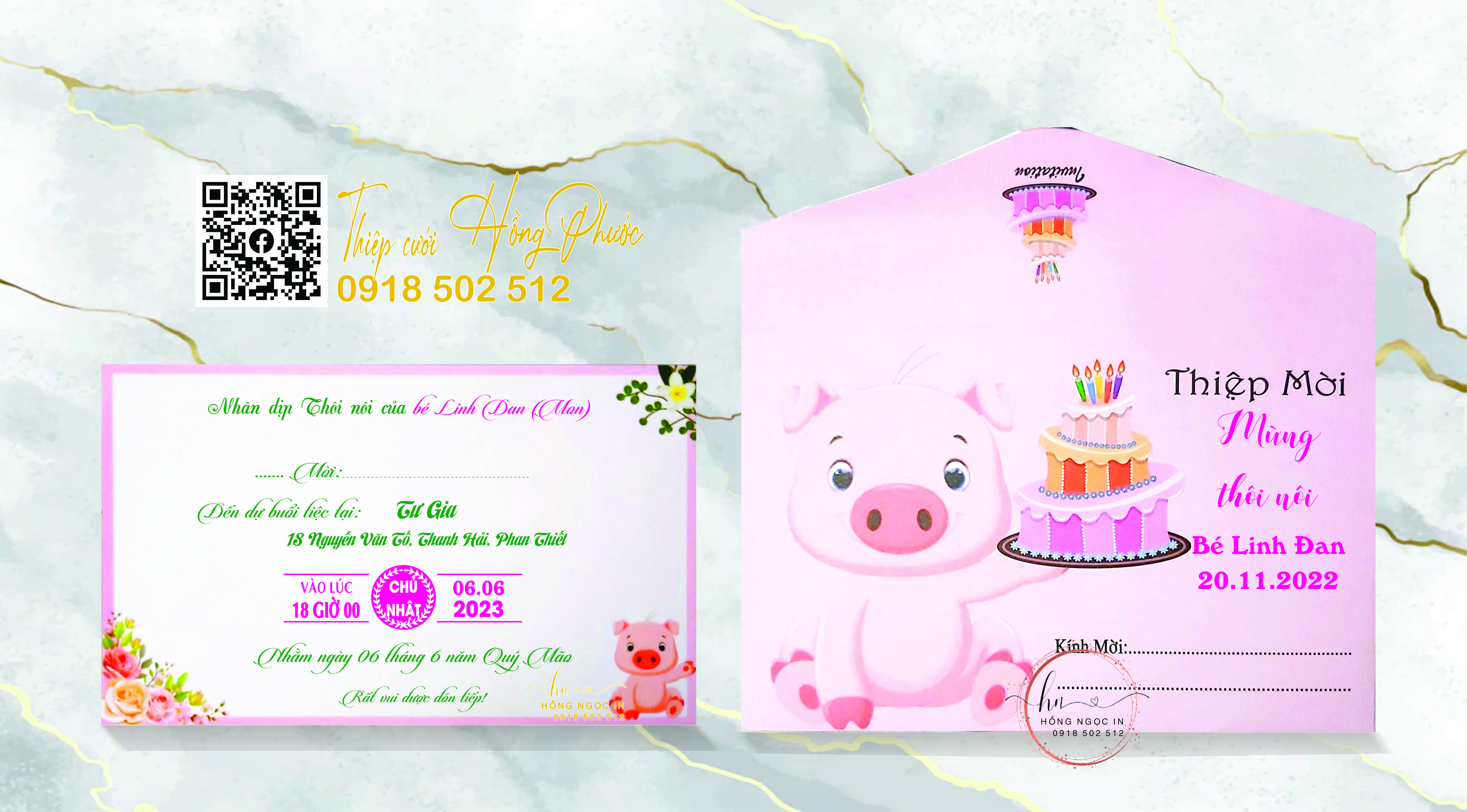 Thiệp mời thôi nôi, thiệp mời sinh nhật, thiệp mời đầy tháng bé gái chủ đề heo hồng