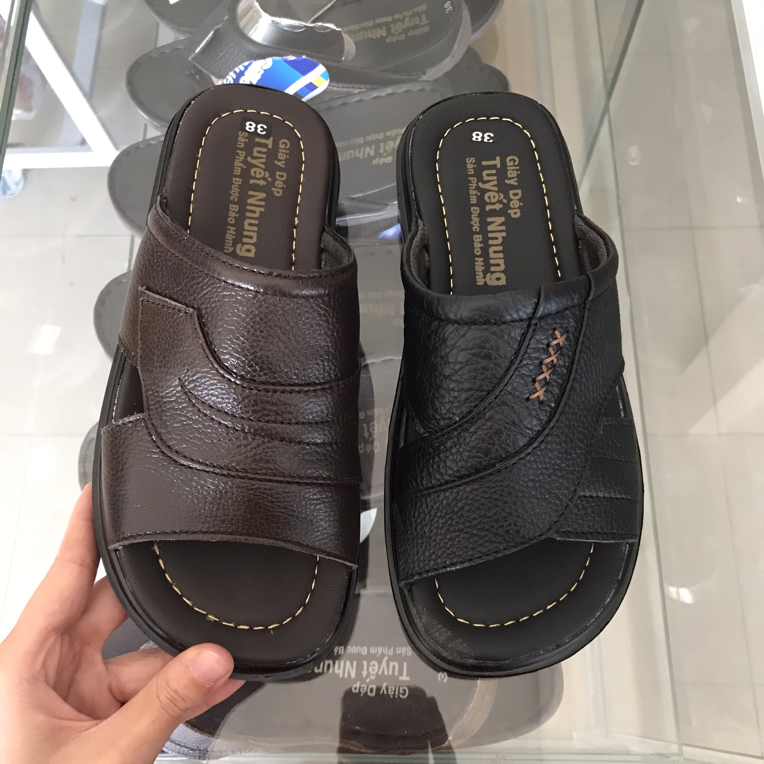 Dép da nam trung niên đế cao 3cm màu nâu/đen