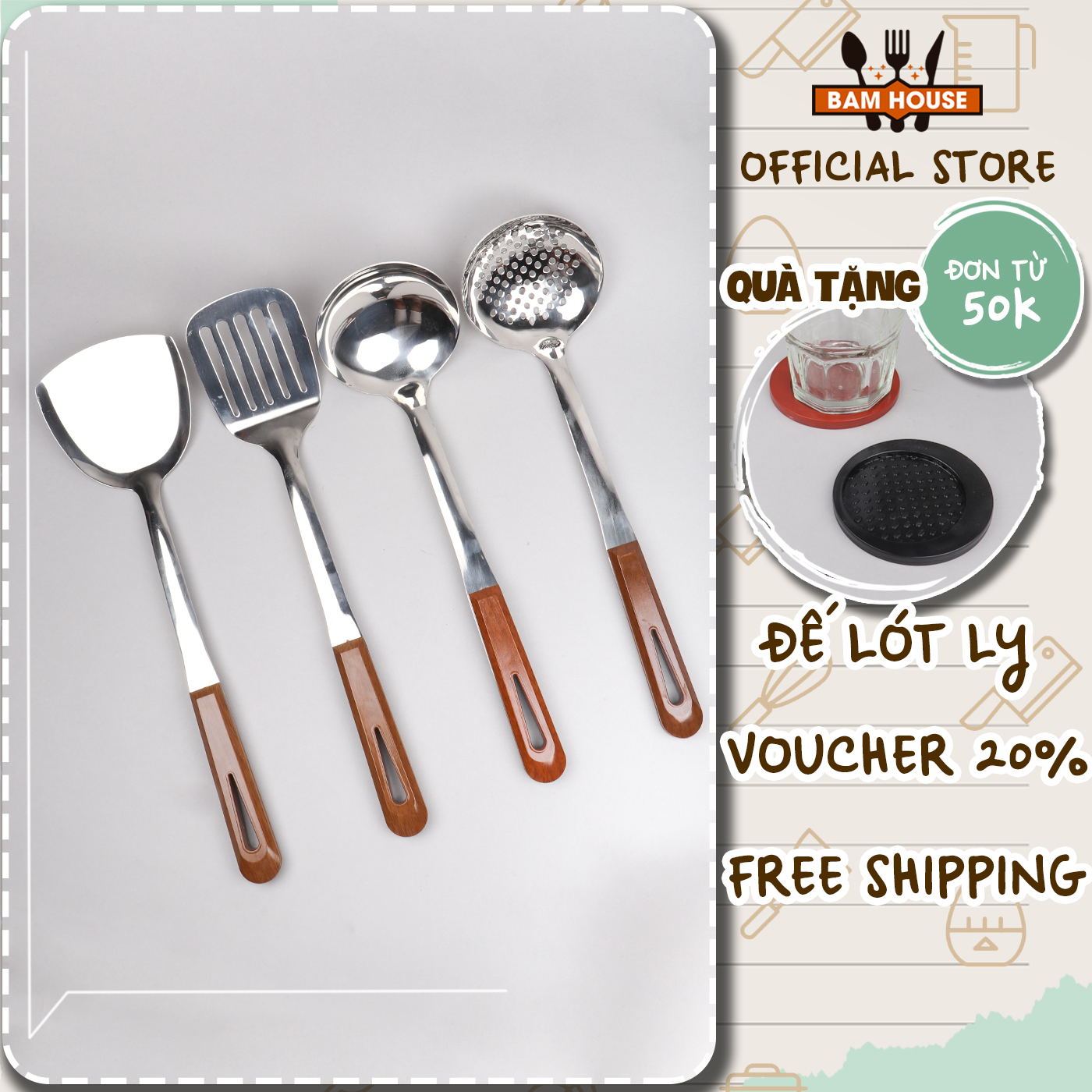 Set Vá đặc, Vá lỗ, Xẻng đặc, Xẻng lỗ inox Bam House cán nhựa hoạ tiết gỗ loại lớn cao cấp siêu bền SCG01 - Gia dụng bếp