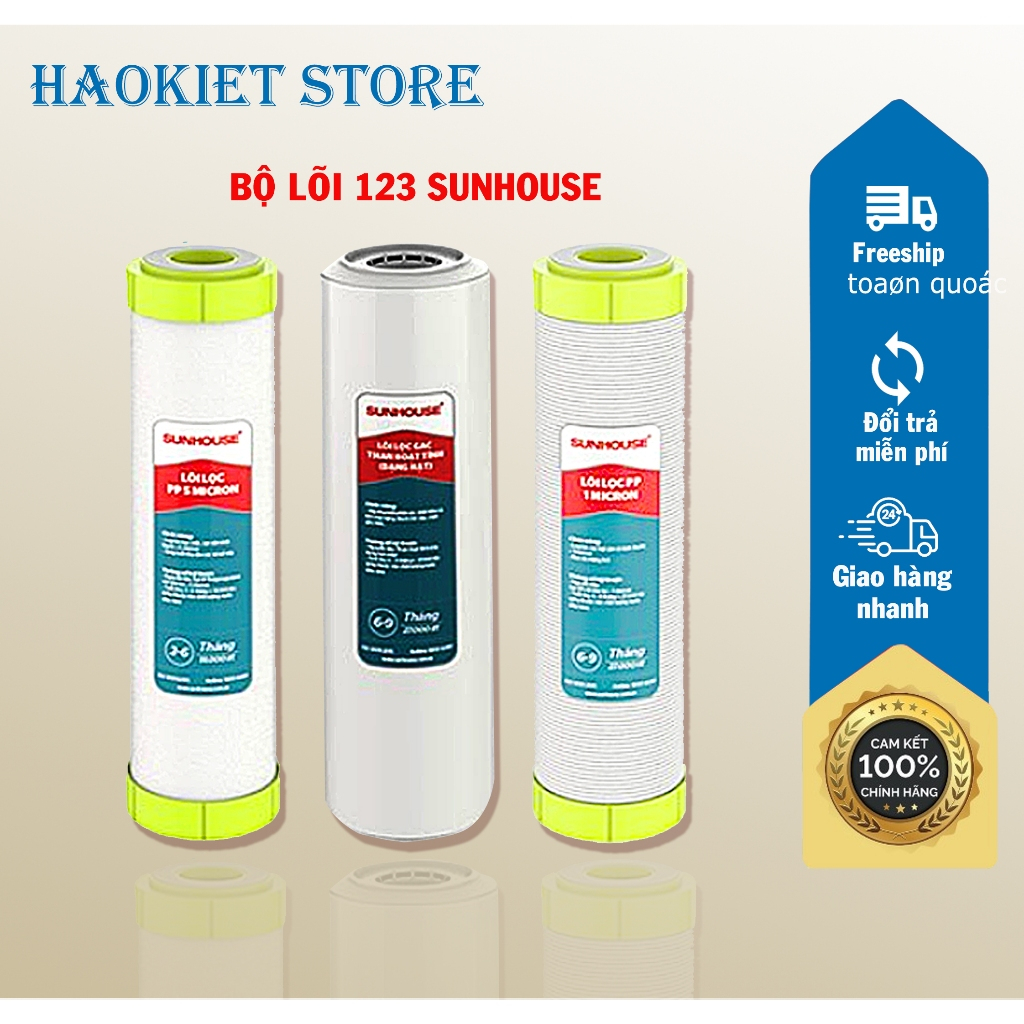Bộ 3 Lõi Lọc Nước Sunhouse 123 Có Khả Năng Hấp Thụ Kim Loại Nặng, Chất Tẩy Rửa, Chất Hữu Cơ Hiệu Quả, An Toàn Sử Dụng (Mẫu mới)