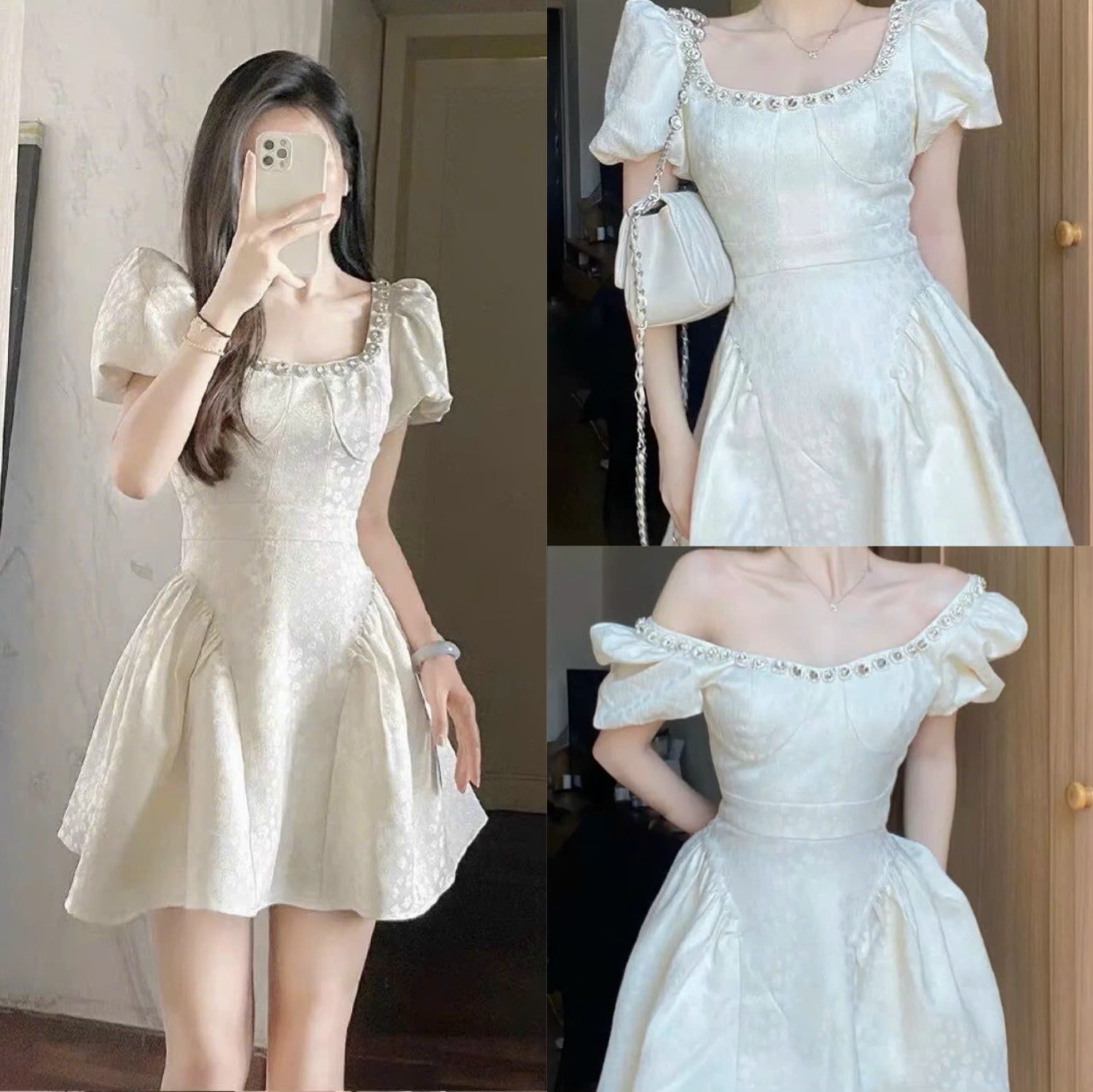 Đầm thiết kế dáng xòe tay bồng đính đá cổ N8